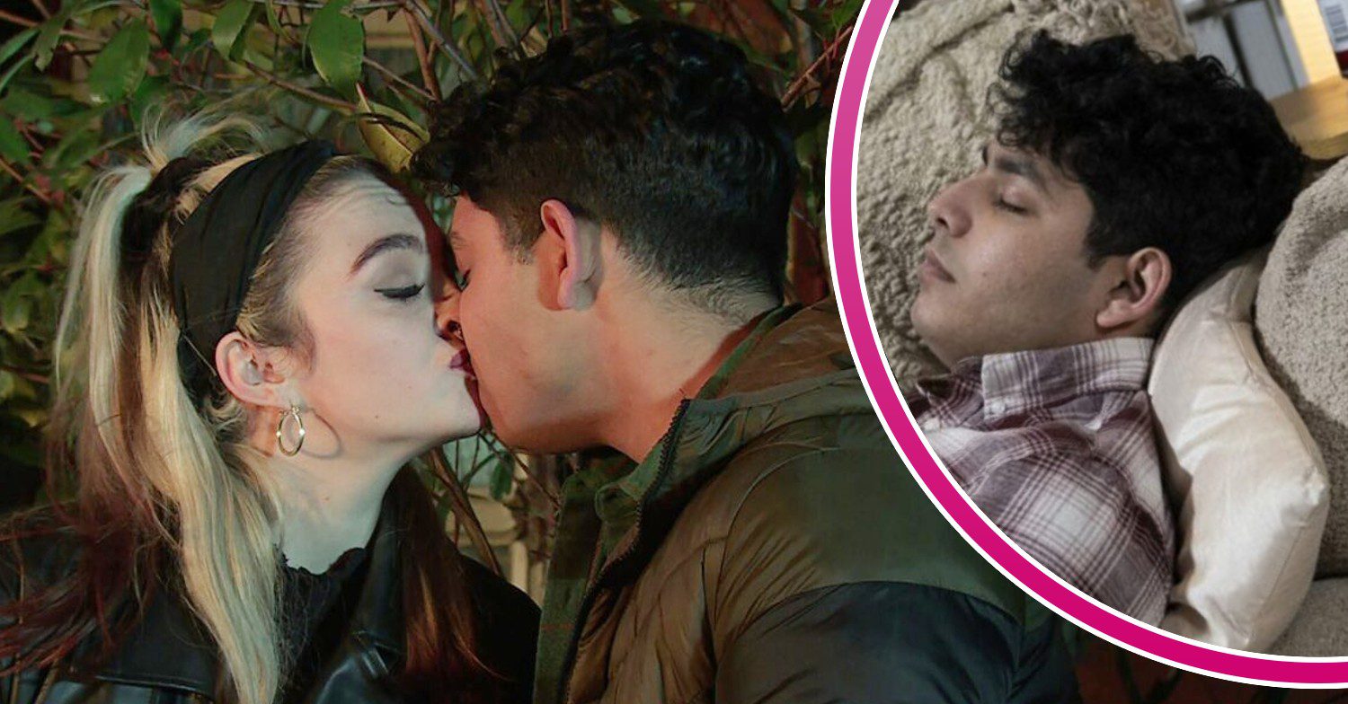 Aadi and Nina share a kiss on Coronation Street; inset, is Aadi dead? (Credit: ITV/Composite: ED!)
