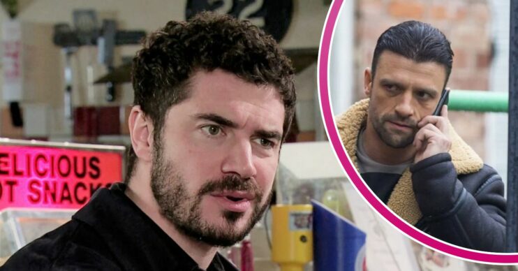 Adam looks shocked on Coronation Street. inset, Damon looking menacing (Credit: ITV/Composite: ED!)