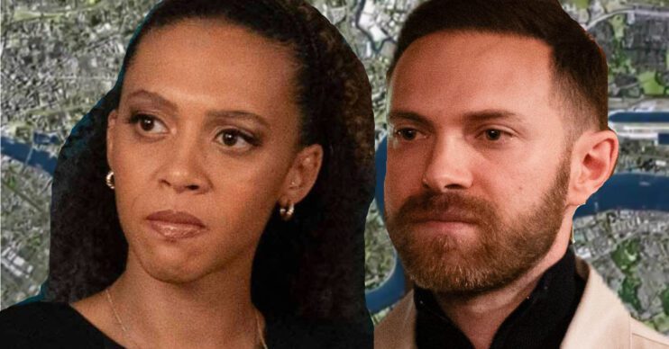 EastEnders' Gina, Dean, the background of the Thames