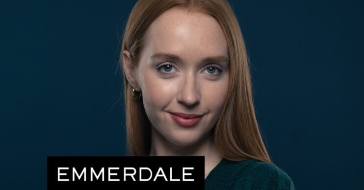 Emmerdale's Chloe, with the Emmerdale logo