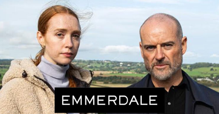 Emmerdale's Chloe, Harry, the Emmerdale logo