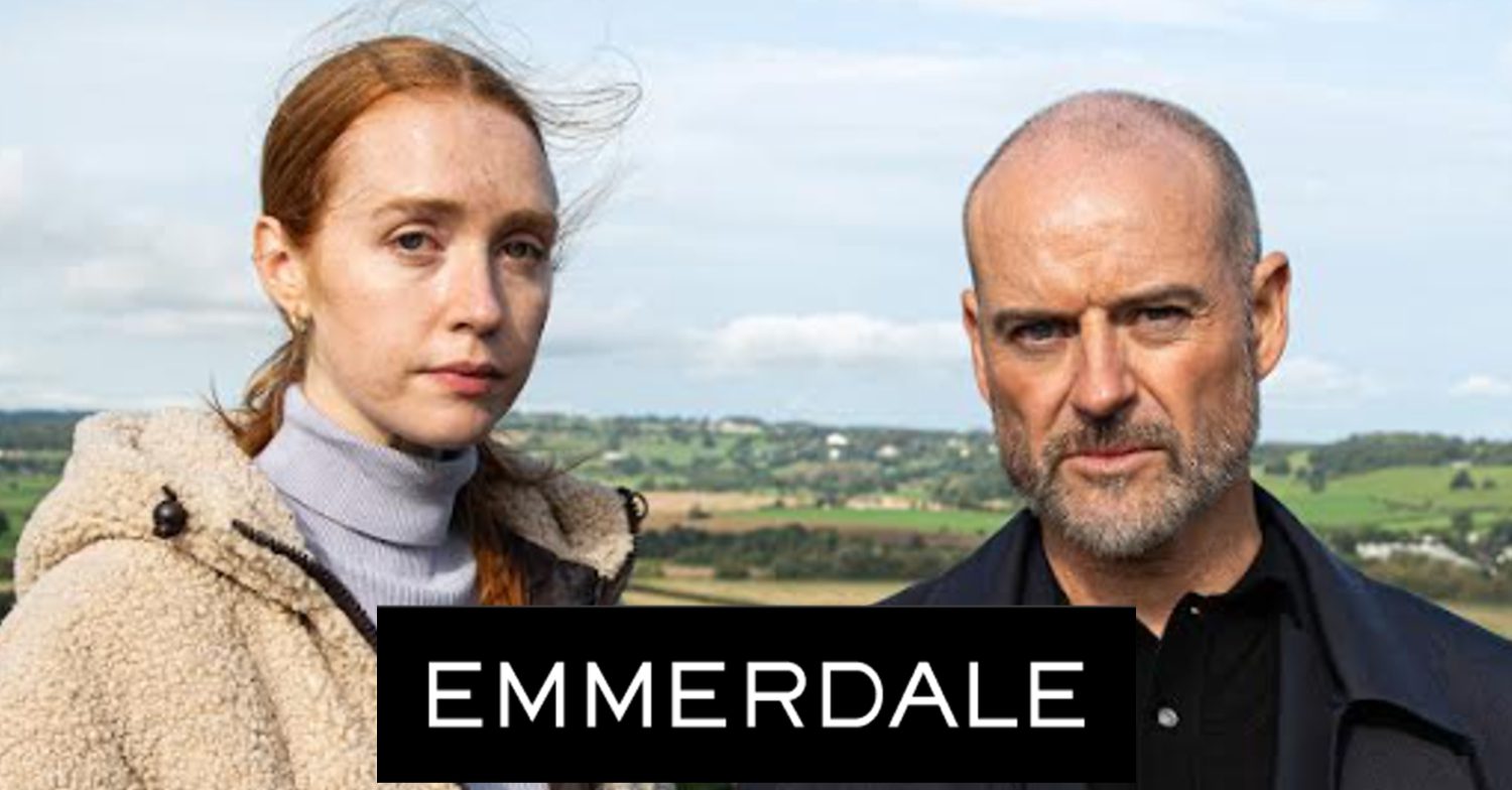 Emmerdale's Chloe, Harry, the Emmerdale logo