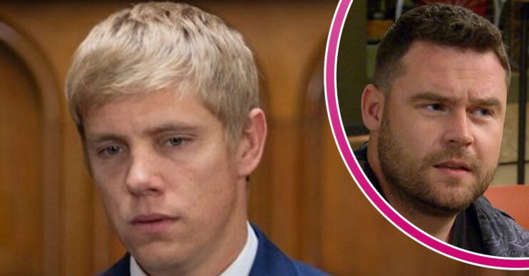 Emmerdale Robert Sugden is devastated as he's sentenced in court with Aaron looking shocked comp image