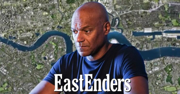 George Knight on EastEnders looking worried against logo and Walford background (Credit: BBC/Composite: ED!)