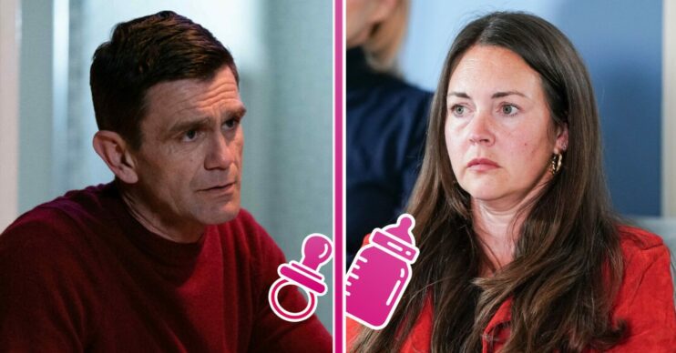 Composite image of Jack and Stacey, both looking worried, with baby emoji (Credit: BBC/Composite: ED!)