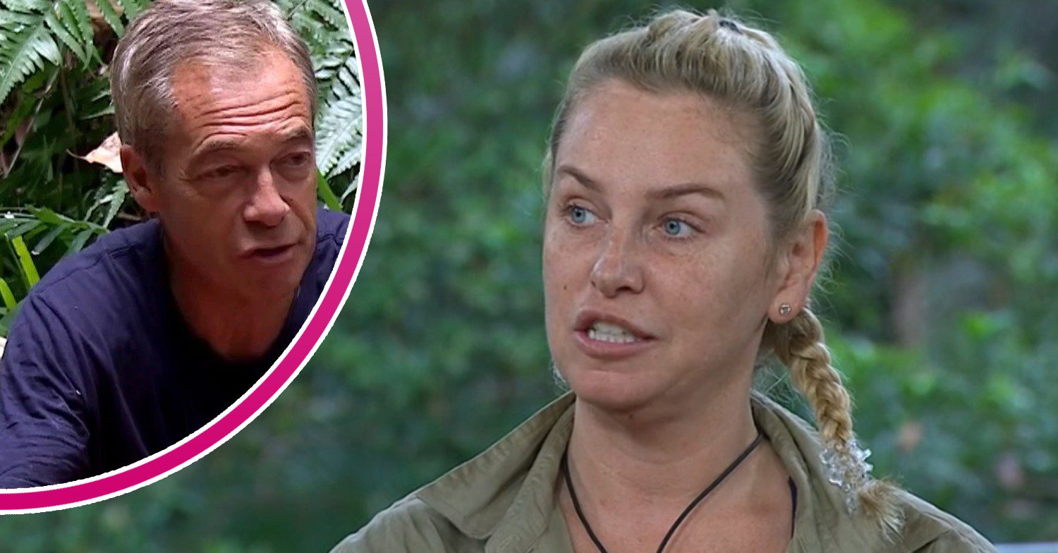 Josie Gibson talking on I'm A Celeb; inset, Nigel Farage (Credit: ITV/Composite: ED!)