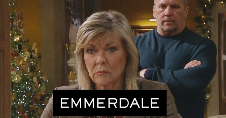Kim Tate looks worried on Emmerdale, with Will standing behind her (Credit: ITV/Composite: ED!)