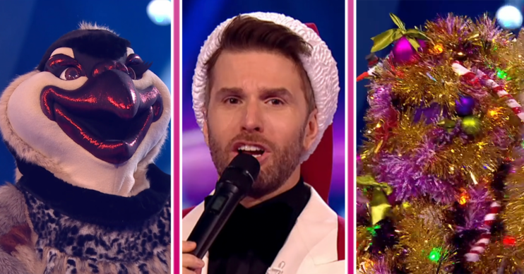 Joel Dommett and two characters from The Masked Singer Christmas special