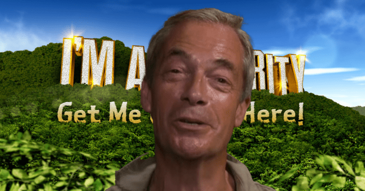 Nigel Farage smiling with the I'm A Celebrity logo behind him