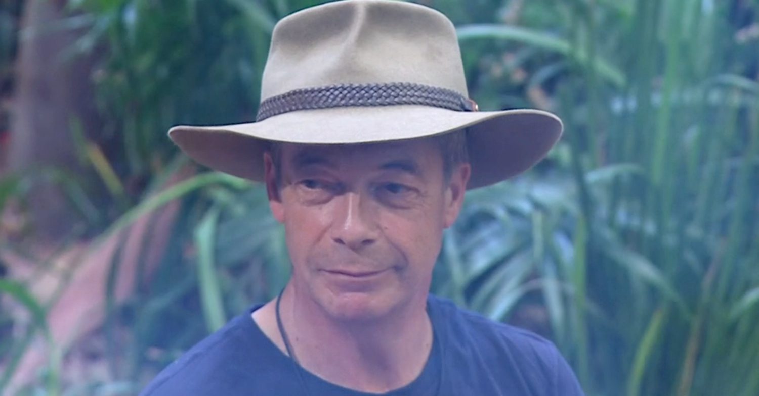 Nigel Farage sitting by the fire on I'm A Celebrity
