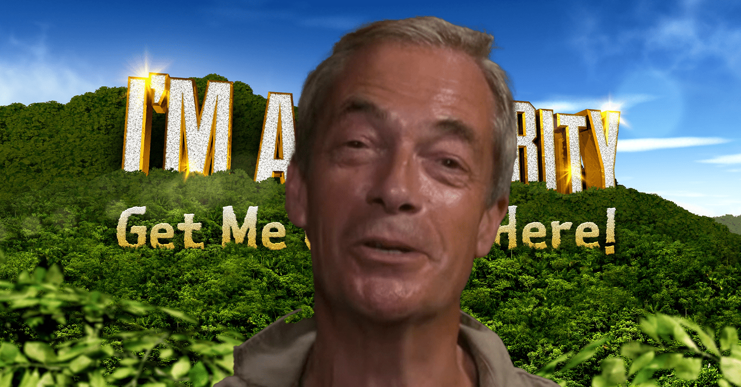 Nigel Farage smiling with the I'm A Celebrity logo behind him