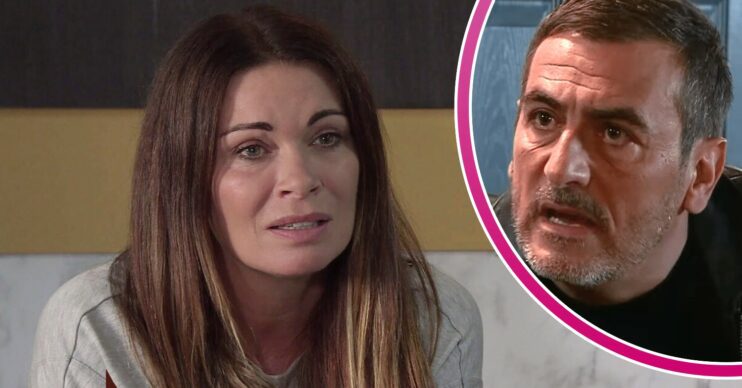 Carla looks worried and upset on Corrie; inset, Peter looks guilty (Credit: ITV/Composite: ED!)