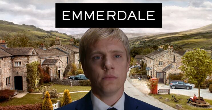 Robert looking sad on Emmerdale against logo and background (Credit: ITV/Composite: ED!)
