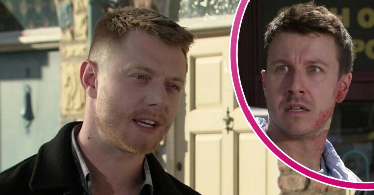 Daniel looks angry on Corrie; inset, Ryan looks scared (Credit: ITV/Composite: ED!)