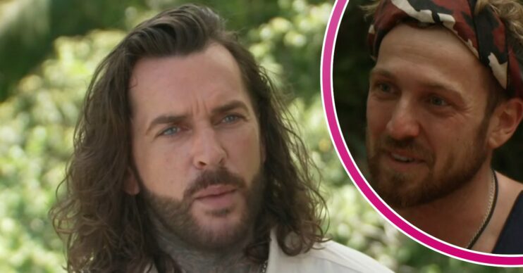 Pete Wicks talking on I'm A Celebrity; inset, Sam Thompson (Credit: ITV/Composite: ED!)