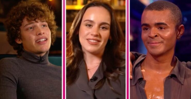 Strictly star Bobby Brazier looks upwards, Ellie Leach smiles, Layton Williams also smiles