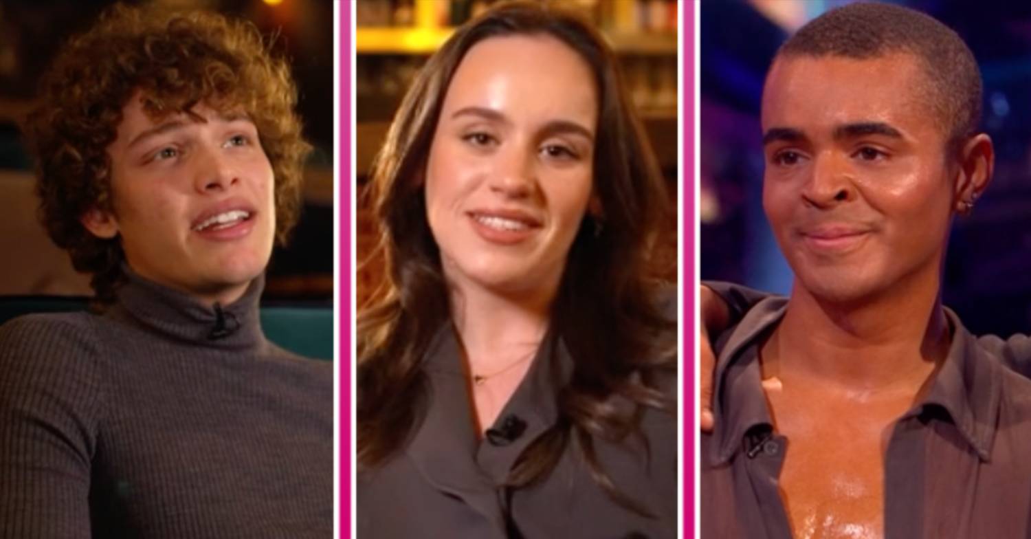Strictly star Bobby Brazier looks upwards, Ellie Leach smiles, Layton Williams also smiles