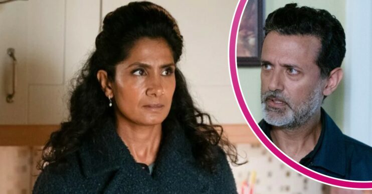 Suki looking angry on EastEnders; inset, Nish looks worried (Credit: BBC/Composite: ED!)
