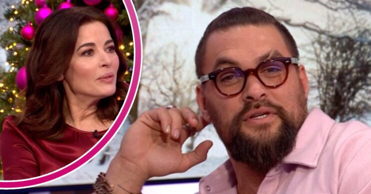 The One Show guests Nigella Lawson listens, and Jason Momoa speaks to camera