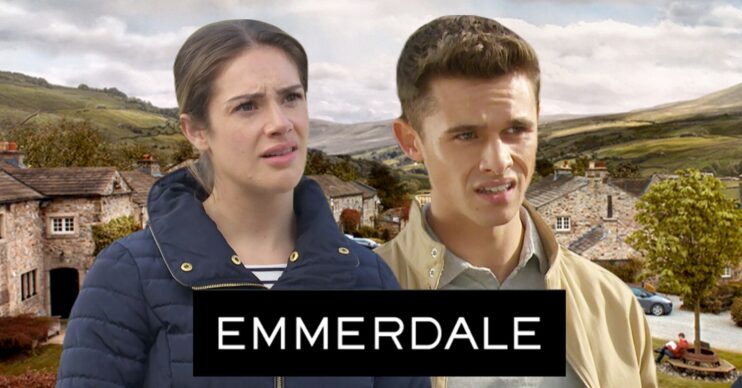 Jacob and Victoria look awkward on Emmerdale against background and logo (Credit: ITV/Composite: ED!)