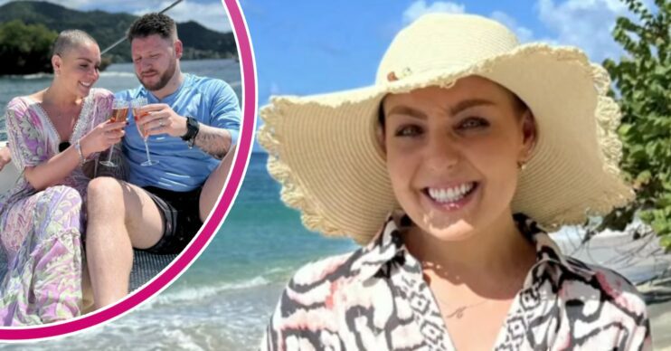Amy Dowden and her husband Ben smiling in the Caribbean