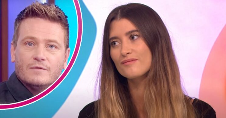 Charley Webb smiling in a Loose Women interview; Inset, Matthew Wolfenden looking shocked (Credit: ITV/Composite: ED!)