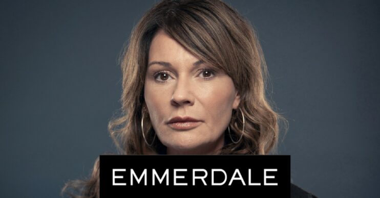 Emmerdale logo with Chas Dingle looking stressed comp image