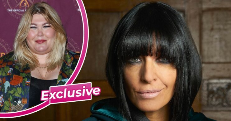 Claudia Winkleman looking to camera and The Traitors star Hannah on the red carpet
