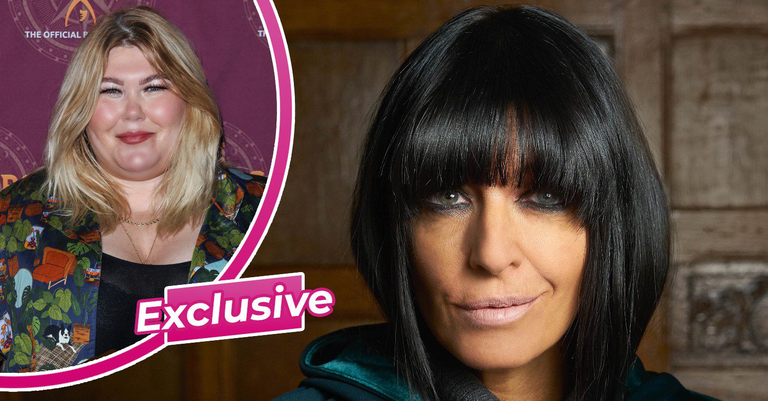 Claudia Winkleman looking to camera and The Traitors star Hannah on the red carpet