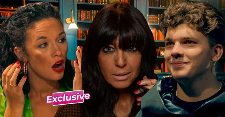 Claudia Winkleman with two members of The Traitors on BBC One
