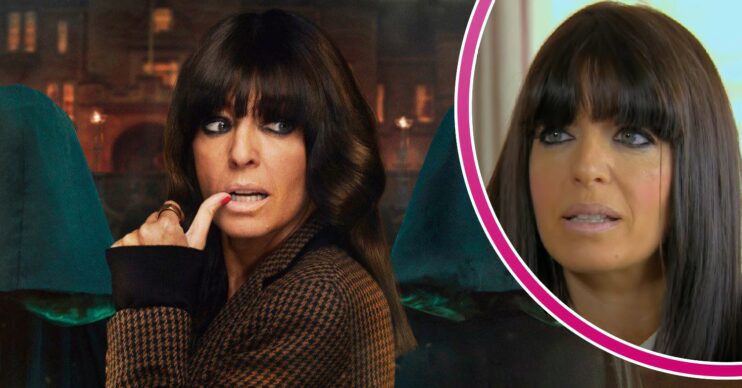 Claudia Winkleman as host of The Traitors; inset, looking worried (Credit: BBC/ITV/Composite: ED!)