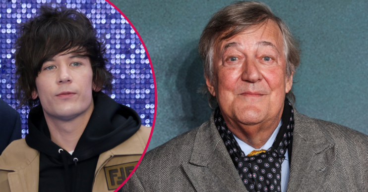 Stephen Fry smiling in a tweed coat and his husband inset