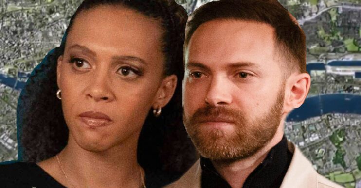 EastEnders' Gina, Dean, the background of the Thames