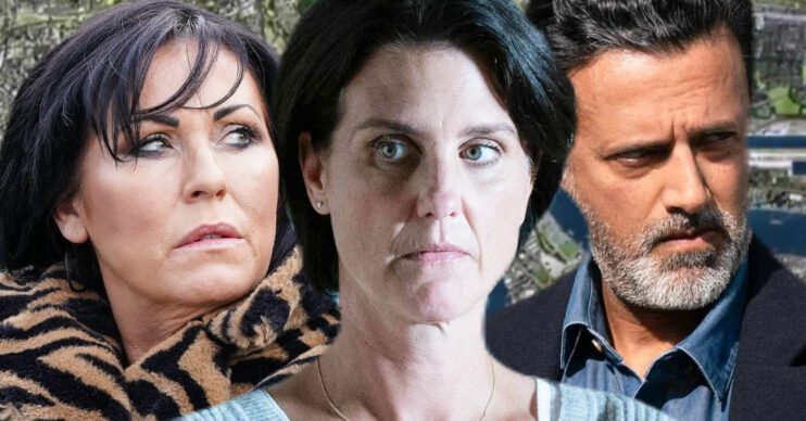 EastEnders' Kat, Eve, Nish, the background of the Thames