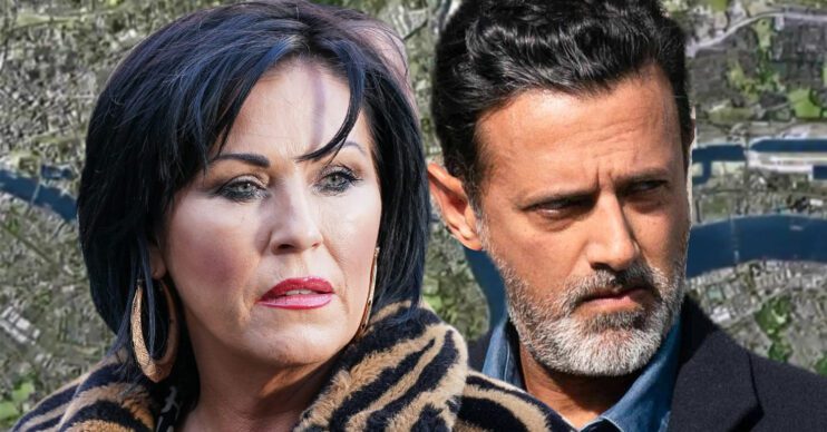 EastEnders' Kat, Nish, the background of the Thames