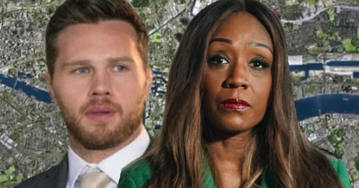EastEnders' Keanu, Denise, the background of the Thames