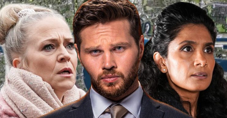 EastEnders' Linda, Keanu, Suki, the background of the Thames