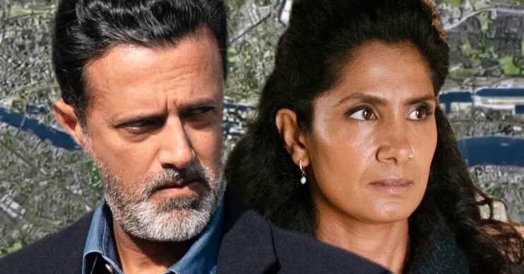 EastEnders' Nish, Suki, the background of the Thames