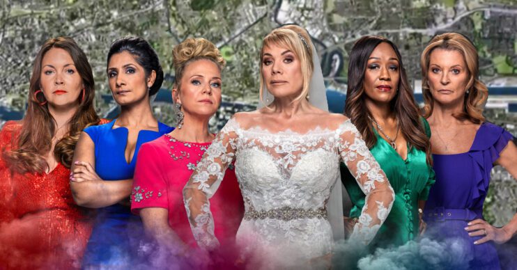 EastEnders' Stacey, Suki, Linda, Sharon, Denise, Kathy, the background of the Thames