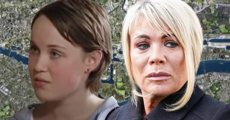 EastEnders' Vicki Fowlers, Sharon Watts, the background of the Thames