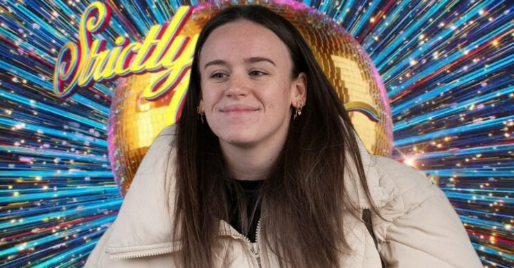 Ellie Leach in front of Strictly logo