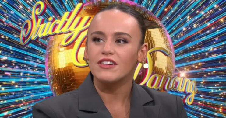 Ellie Leach in front of Strictly logo