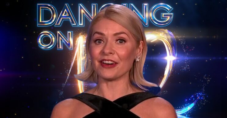 Holly Willoughby in a black dress presenting Dancing On Ice