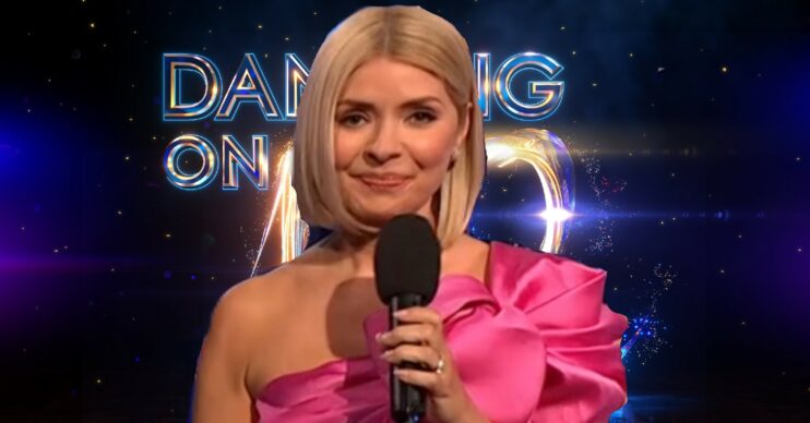 Holly Willoughby holding a mic in front of the Dancing On Ice logo