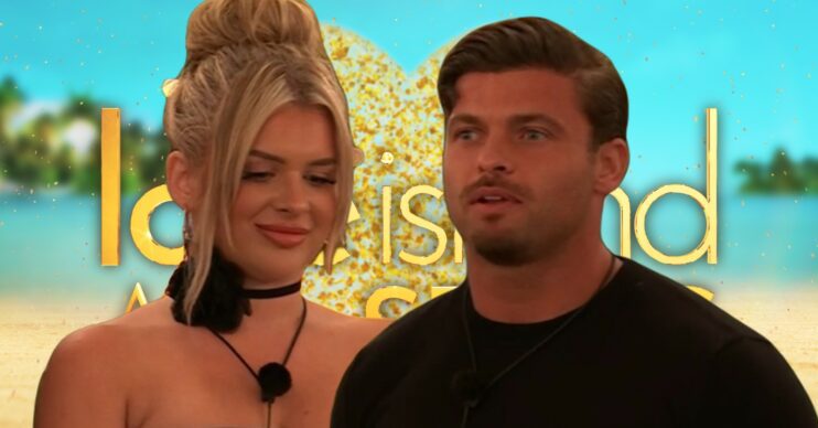 Liberty and Jake in front of Love Island: All Stars logo