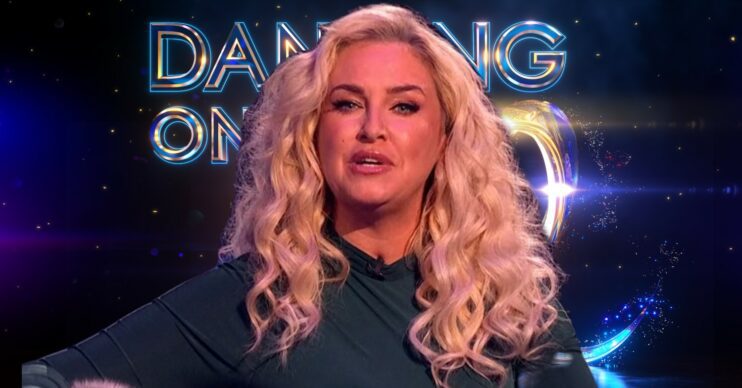 Josie Gibson in front of Dancing On Ice logo