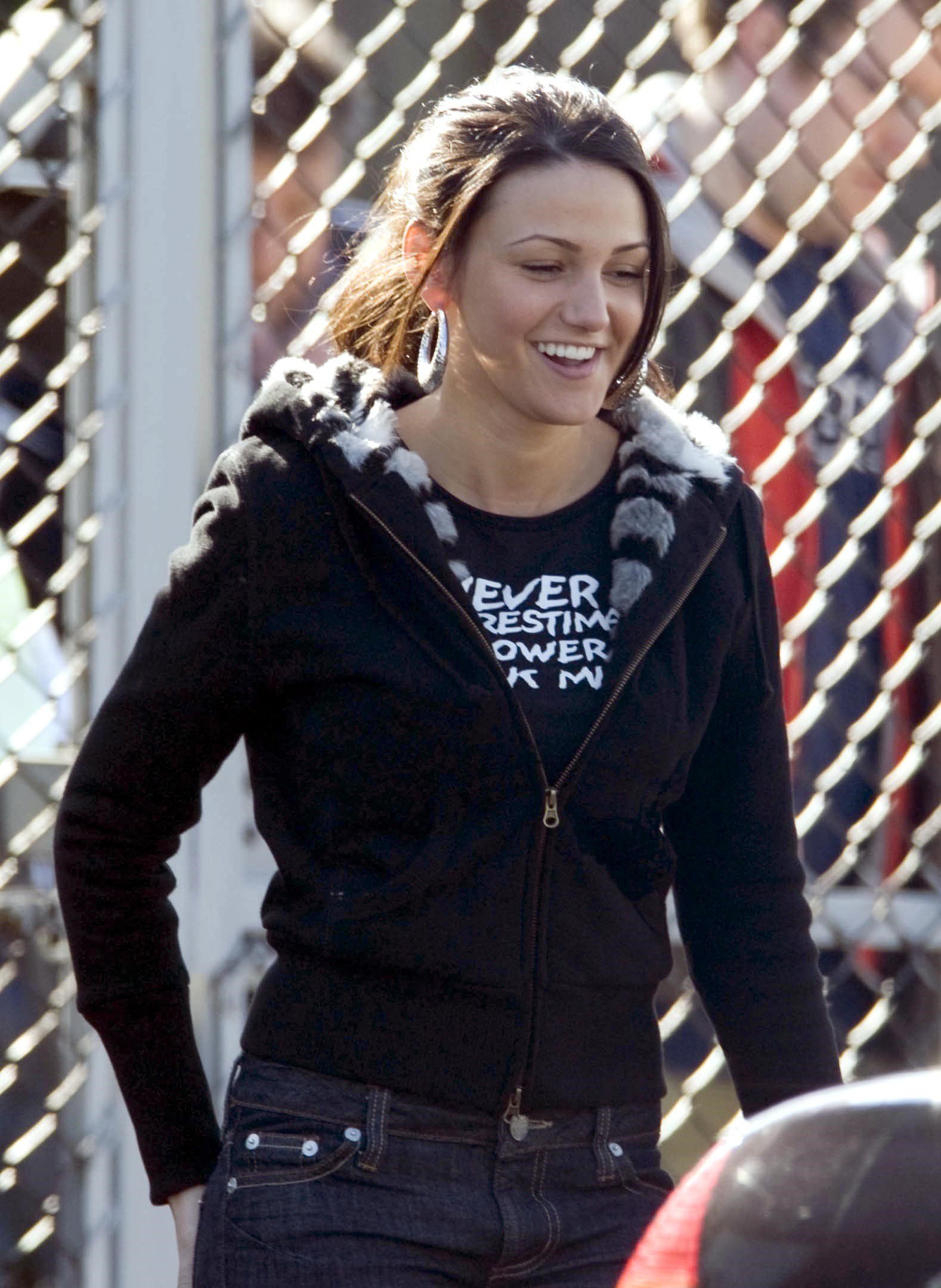 Michelle Keegan smiling on Coronation Street set