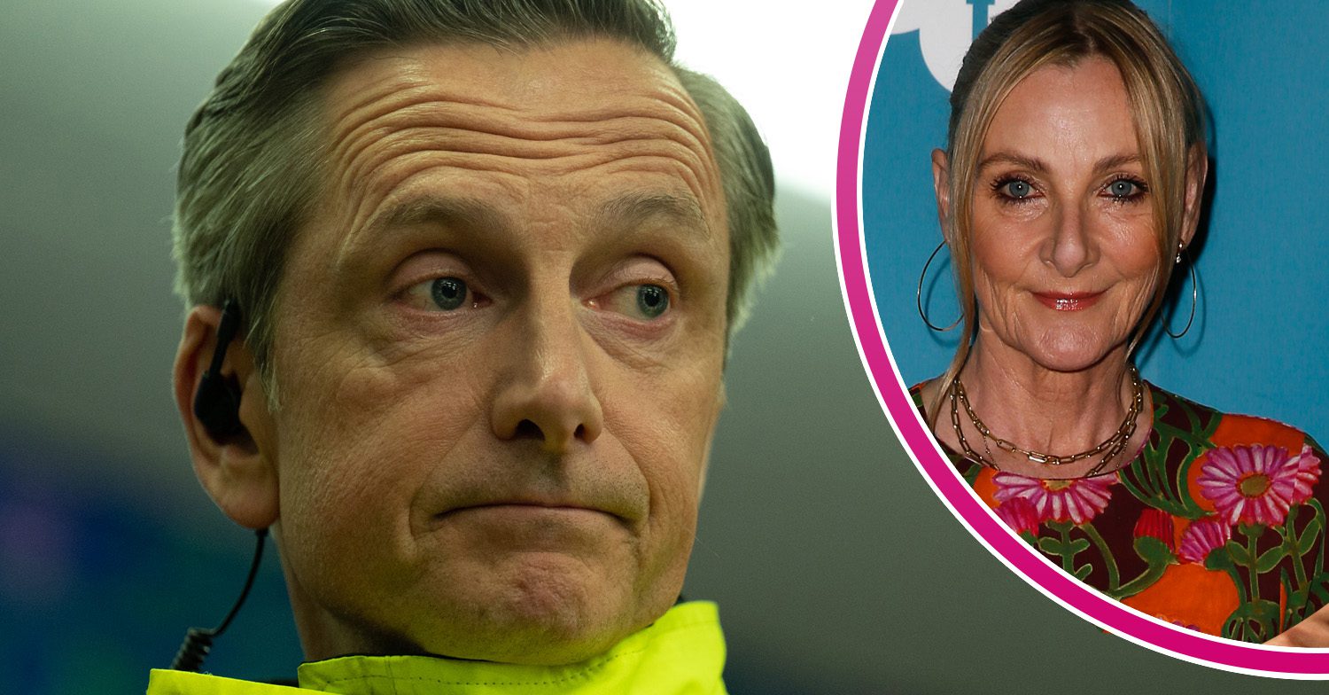 Nicholas Gleaves as DS Mackie in After the Flood, with Gleaves' real life wife Lesley Sharp in pink bubble