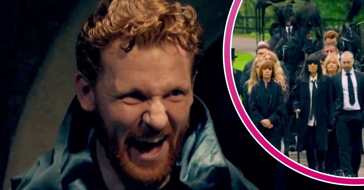 Traitors star Paul laughing and Claudia Winkleman at a fake funeral inset