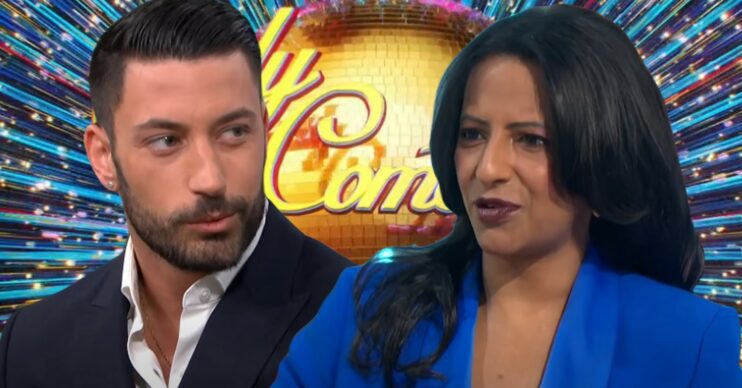 Giovanni Pernice and Ranvir Singh in front of Strictly logo